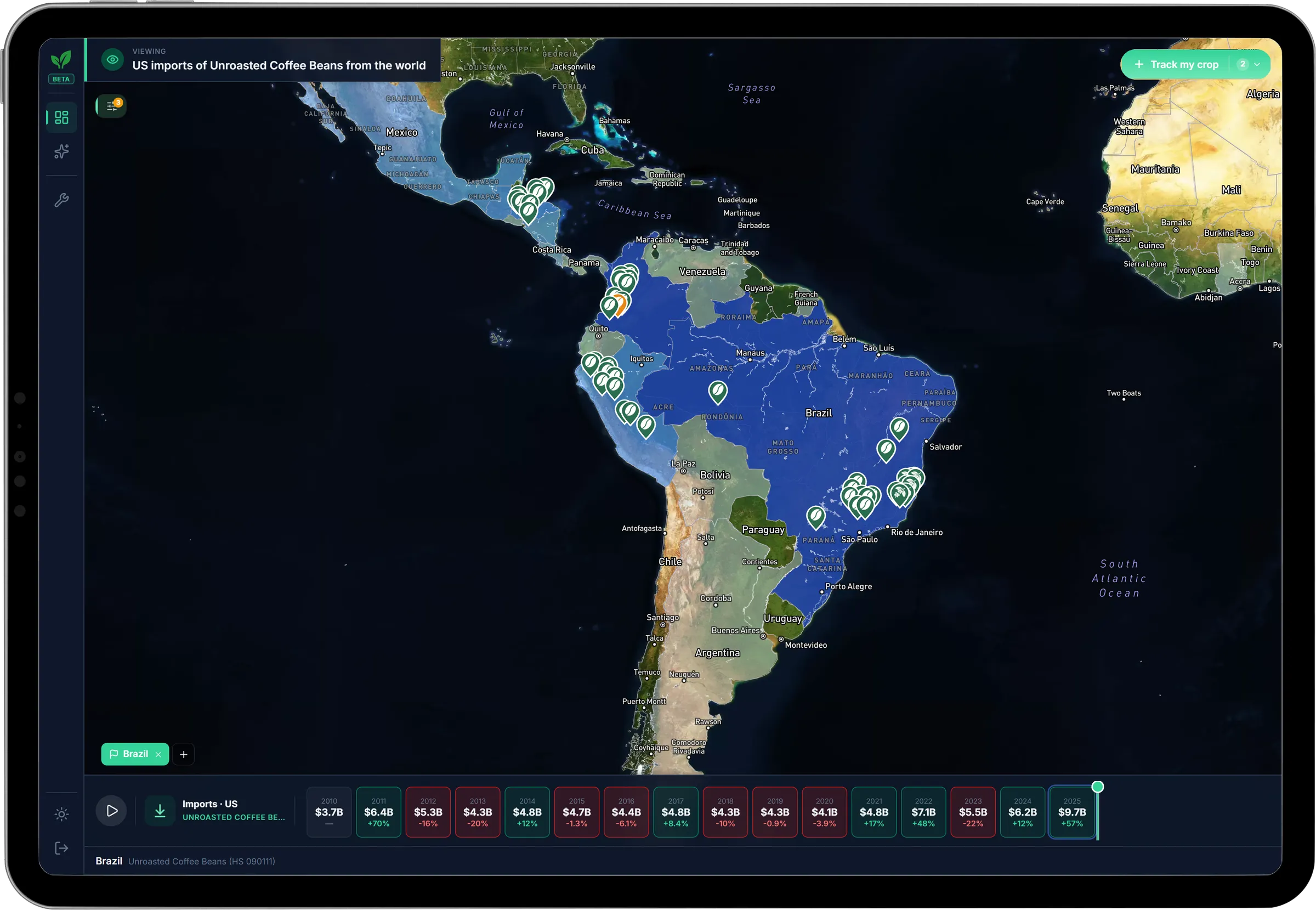 The Cropli dashboard — US coffee imports mapped across every global origin